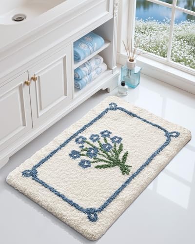 DEXI Floral Bathroom Rugs 36x24, Vintage Blue Bouquet Bath Mat Non Slip