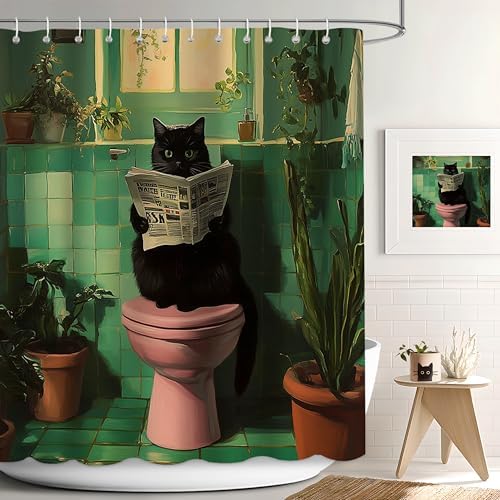 APROPHIC Funny Cat Shower Curtain, Green Shower Curtain for Bathroom, Balck Cat Reading Newspaper Print Bathroom Curtain Decor Waterproof Fabric with 12 Hooks, 72x72 Inch