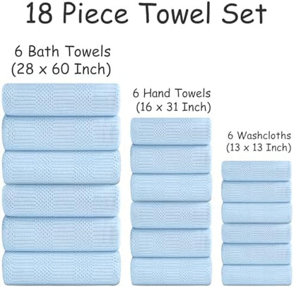 18 Pcs Blue Woven Family Towels Set-6 Bath Sheets,6 Hand Towels,6 Washcloths Soft Microfiber Towels Absorbent Shower Towel Quick Dry Beach Chair Towel Lint Less Towels Set for Bathroom Spa Gym Hotel