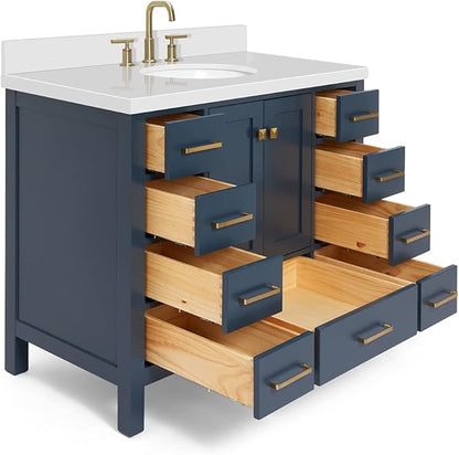 ARIEL Cambridge 42-inch Bathroom Vanity with Sink,Solid Wood, 1.5-inch Pure White Quartz Countertop & Backsplash, Single Oval Porcelain Sink, 2 Soft Closing Doors, 9 Dovetail Drawers, Midnight Blue