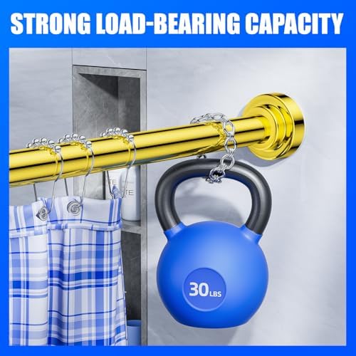 Ausemku Shower Curtain Rod - 32-68 Inch Rustproof Tension Rod, Non-Slip Spring Design, No Drilling Adjustable Curtain Rod for Bathroom, Kitchen, and Closet（Gold）