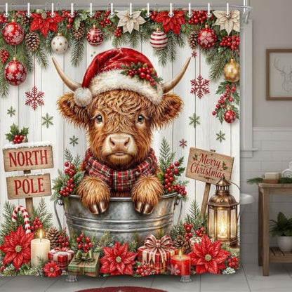 Christmas Highland Cow Shower Curtain Rustic Cute Holiday Bathroom Decor