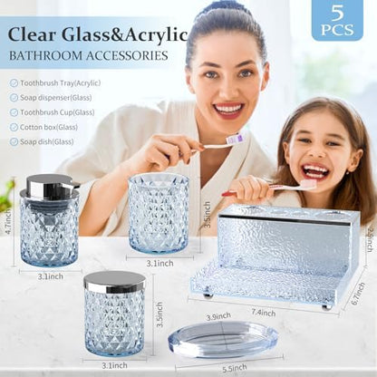 Glass Bathroom Accessories Set 5Pcs Crystal Blue - Foaming Soap Dispenser, Soap Dish, Cup, Acrylic Toothbrush Holder with Tray Organizer, Cotton Swab Jar, Bathroom Counter Set Sink Decor