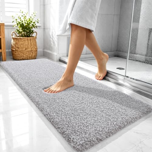 OLANLY Microfiber Bathroom Rugs 47x20, Quick Dry Mat, Light Grey and White