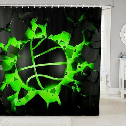 jejeloiu Basketball Bath Curtain Boys Girls 72"x72" Gaming Sports Shower Curtain for Kids Women Men Waterproof Green Ombre Bathroom Shower Curtain Set Gift for Basketball Lover