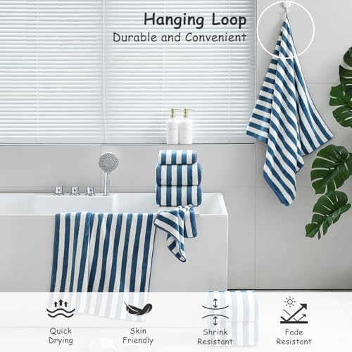 18 Pcs Navy Stripe Bath Towel Set with Hanging Loop-6 Bath Towels,6 Hand Towels,6 Washcloths Soft Family Towels Set Bathroom Towel Highly Absorbent Quick Dry Shower Towel for Beach Spa Gym Hotel