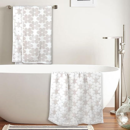 Soft Bath Towels 2 Pack, Super Absorbent Shower Towels 27.5x55 Inches | Cute Floral Jacquard Bathroom Set, Cotton, Light Beige