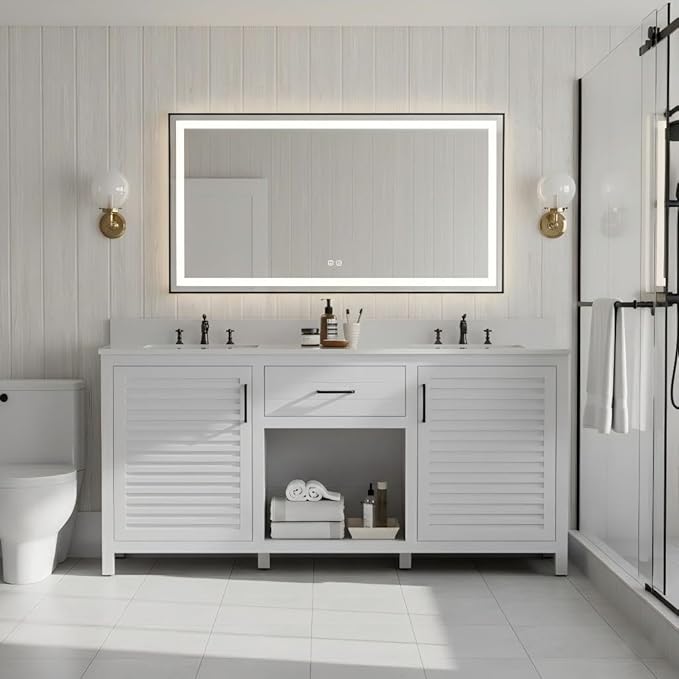 72" White Double Sink Bathroom Vanity with Quartz Countertop | Pre-Assembled Freestanding Bathroom Vanity Cabinet with Dual cUPC Ceramic Basins & Soft Close Doors