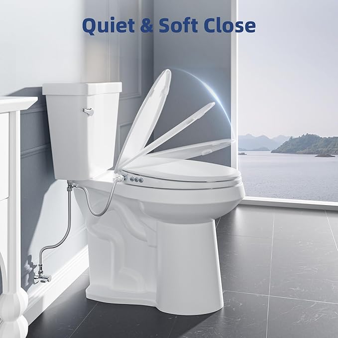 Bidet Toilet Seat, Soft Close Elongated Toilet Seat, Button control Feminine/Posterior Wash Switch, Knob Control Water Pressure,White Bidet Seat Attachment with Brass inlet Easy Installation