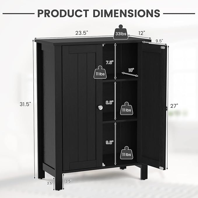 COSTWAY Bathroom Floor Cabinet - Freestanding Side Storage Organizer with Double Doors & Adjustable Shelf, Wooden Storage Cabinet for Living Room, Bedroom, Kitchen, Entryway (Black) | with Double Doors & Adjustable Shelf, Wooden Storage Cabinet for Liv...