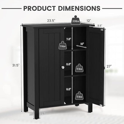 COSTWAY Bathroom Floor Cabinet - Freestanding Side Storage Organizer with Double Doors & Adjustable Shelf, Wooden Storage Cabinet for Living Room, Bedroom, Kitchen, Entryway (Black) | with Double Doors & Adjustable Shelf, Wooden Storage Cabinet for Liv...