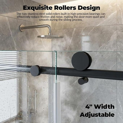 Sliding Shower Door, Frameless 56-60" W x 76" H Adjustable with 5/16" Clear Tempered Glass & Easy-Clean Coating, Matte Black Round Rail, for Bathroom