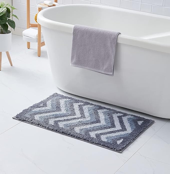 Hearth & Harbor Bathroom Rugs, Shaggy Plush Bath Mat, Ultra Soft Non Slip Backing Rubber, Chevron Design Bath Rug, Blue/Grey, 20 x 32 Inch