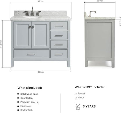 ARIEL Cambridge 42-inch Bathroom Vanity with Sink,Solid Wood, 1.5-inch Italian Carrara Marble Countertop & Backsplash, Single Oval Porcelain Sink, 2 Soft Closing Doors, 5 Dovetail Drawers, Grey
