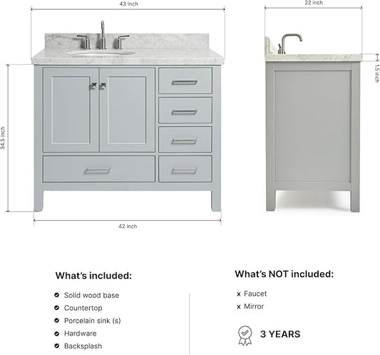 ARIEL Cambridge 42-inch Bathroom Vanity with Sink,Solid Wood, 1.5-inch Italian Carrara Marble Countertop & Backsplash, Single Oval Porcelain Sink, 2 Soft Closing Doors, 5 Dovetail Drawers, Grey