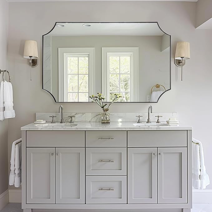30x48 Inch Chrome Mirror, Large Scalloped Bathroom Mirror, Unique Rectangle Mirror with Rust-Proof Stainless Steel 1" Frame, Hangs Vertically or Horizontally