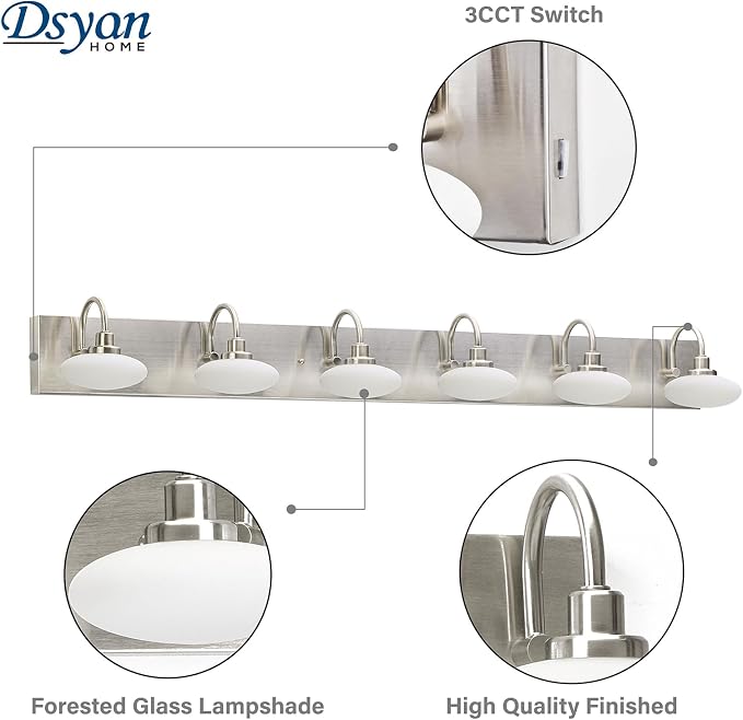 44in Brushed Nickel LED Vanity Lighting Fixtures 6 Lights,Six Light Bathroom Vanity Wall Sconce Light,6 Light Vanity Light Over Mirror, Modern Vanity Over Mirror for Bathroom, 3000K-6000K,Dimmable