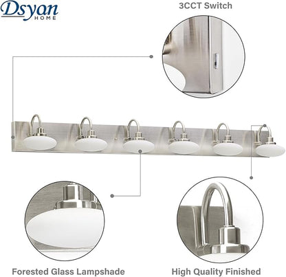 44in Brushed Nickel LED Vanity Lighting Fixtures 6 Lights,Six Light Bathroom Vanity Wall Sconce Light,6 Light Vanity Light Over Mirror, Modern Vanity Over Mirror for Bathroom, 3000K-6000K,Dimmable