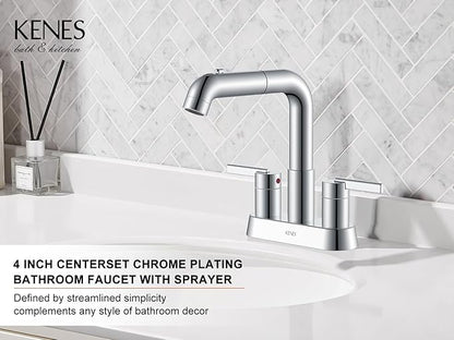 KENES Chrome Centerset Bathroom Faucet with Pull Out Sprayer, 4 Inch 2 Handle Pull Down Bathroom Faucet 3 Hole, Bathroom Sink Faucet with Pop Up Drain & Supply Lines LJ-9059A-5