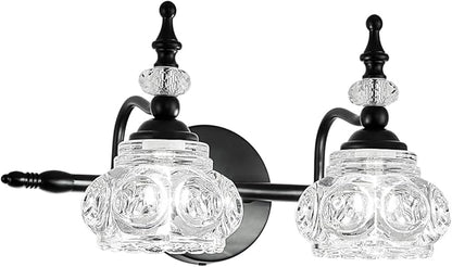 Bathroom Vanity Light Fixtures, 2-Light Vintage Crystal Wall Lights, Painted Black Surface, Thick Crystal Glass Shade, Vintage Wall Sconce for Bathroom, Bedroom, Living Room