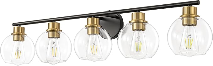 Bathroom Light Fixtures Over Mirror 5-Lights Bathroom Vanity Light with Clear Globe Glass Shade 37.4 inch Modern Black and Gold Vanity Lights Wall Sconce Lighting for Bath