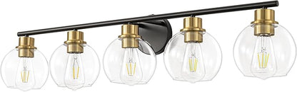 Bathroom Light Fixtures Over Mirror 5-Lights Bathroom Vanity Light with Clear Globe Glass Shade 37.4 inch Modern Black and Gold Vanity Lights Wall Sconce Lighting for Bath