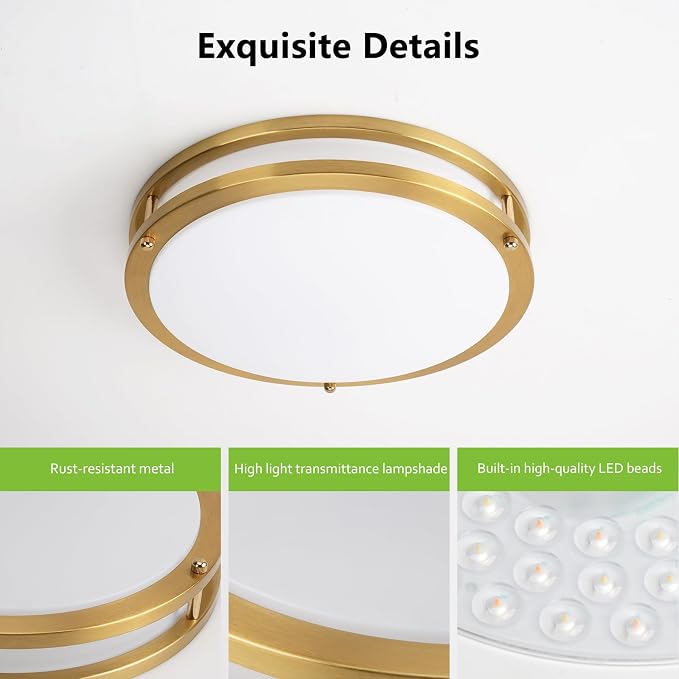 13inch LED Flush Mount Ceiling Light Fixture Dimmable Gold, Easy Install LED Ceiling Lamp Fixture Without Flicker, Super Bright 36W 3600LM 5CCT Warm to White Light 3000K to 6000K 2-Pack