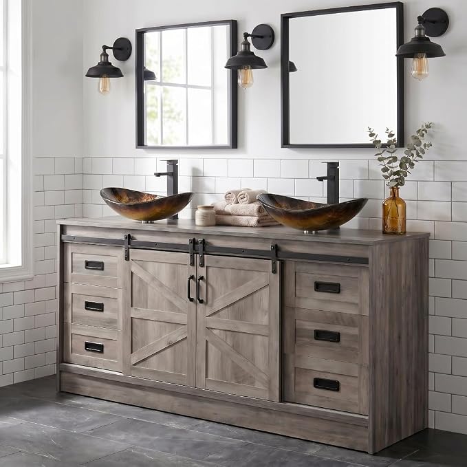 60" Barn Door Bathroom Vanity with 6 Drawers and Two Doors, Farmhouse Style Standing Pedestal Cabinet with Two Gold Boat Glass Vessel Sinks