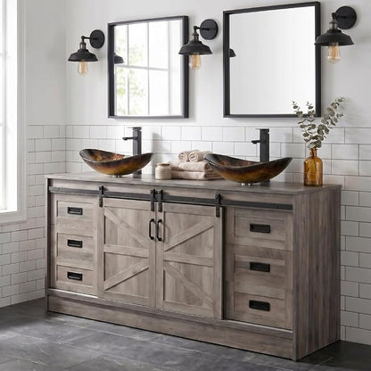 60" Barn Door Bathroom Vanity with 6 Drawers and Two Doors, Farmhouse Style Standing Pedestal Cabinet with Two Gold Boat Glass Vessel Sinks