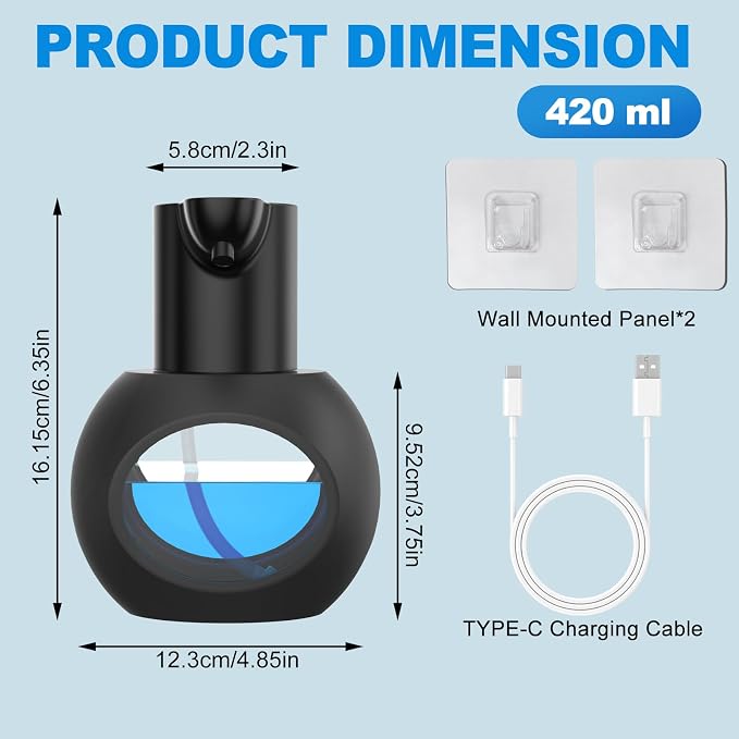 2 Pack Automatic Foaming Soap Dispenser, 15oz/420ml Smart Hand Soap Dispensers, Touchless Wall Mount with 4-level Adjustable, Rechargeable Foaming Hand Soap Dispenser for Bathroom Kitchen Office Black