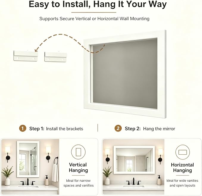 SMIROR 55x30 Matte White Bathroom Vanity Mirror for Over Sink | Metal Wide Frame, Rectangle, Right- Angle Corner, Anti-Rust, Horizontally or Vertically Wall- Mounted for Home Remodel