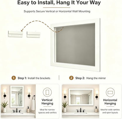 SMIROR 55x40 Matte White Bathroom Vanity Mirror for Over Sink | Metal Wide Frame, Rectangle, Right- Angle Corner, Anti-Rust, Horizontally or Vertically Wall- Mounted for Home Remodel