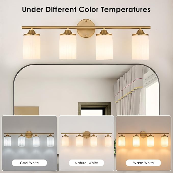 Jonsi Gold Bathroom Light Fixtures 4-Light Vanity Lights Modern Wall Sconce with Milk White Shade Brushed Brass Bathroom Light Fixture Over Mirror for Bedroom Hallway Kitchen