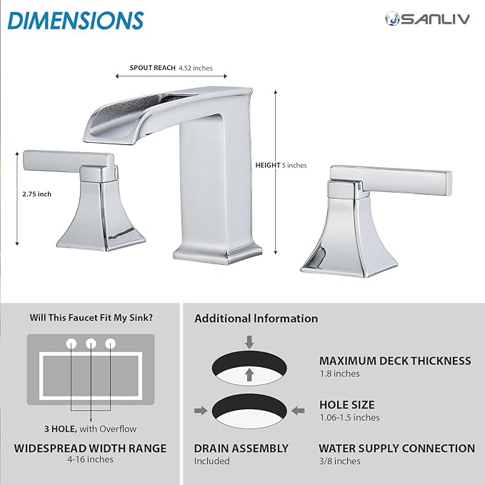 Chrome Bathroom Sink Faucet,Sanliv 3-Piece Widespread Bathroom Faucets for 3-Hole Sinks 4-8 inch,2-Handle Waterfall Vanity Faucet with Drain Assembly,Polished Chrome