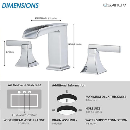 Chrome Bathroom Sink Faucet,Sanliv 3-Piece Widespread Bathroom Faucets for 3-Hole Sinks 4-8 inch,2-Handle Waterfall Vanity Faucet with Drain Assembly,Polished Chrome