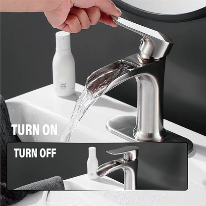Yundoom Brushed Nickel Bathroom Faucet,Bathroom Sink Faucet,Waterfall Bathroom Faucet,Single Hole Or 3 Hole Bathroom Faucet with 4 Inch Deck Plate,Farmhouse Rv Brass Bathroom Faucet,BF01