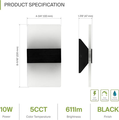 ASD 8 Inch Indoor LED Wall Sconce - 10W 2700K-5000K Dimmable Black Wall Sconce Lights for Living Room, Bedroom, Bathroom, Hallway - Modern Wall Sconces Hardwired, ETL Interior Light