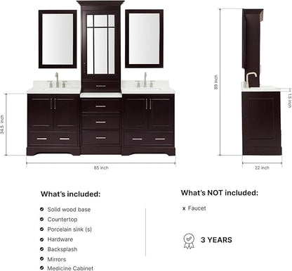 ARIEL Stafford 84-inch Bathroom Vanity with Sink,Solid Wood, 1.5-inch Pure White Quartz Countertop, Double Rectangular Porcelain Sink, 5 Soft Closing Doors, 6 Dovetail Drawers, Espresso