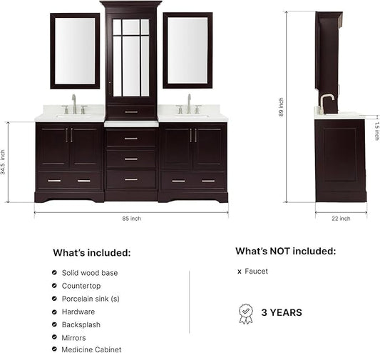 ARIEL Stafford 84-inch Bathroom Vanity with Sink,Solid Wood, 1.5-inch Pure White Quartz Countertop, Double Rectangular Porcelain Sink, 5 Soft Closing Doors, 6 Dovetail Drawers, Espresso