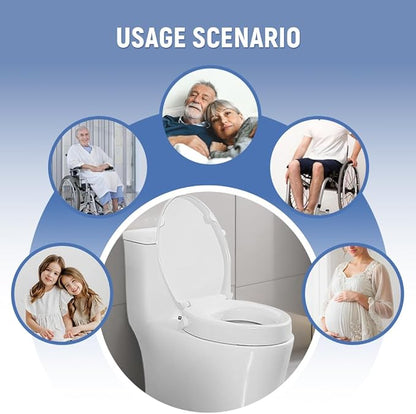 Raised Toilet Seat with Bidet, Fit Elongated Bidet Toilet Seat, Non-Electric Elevated Toilet Seat (Ambient Water), Adjustable Water Pressure Raised Toilet Seat for Seniors, White