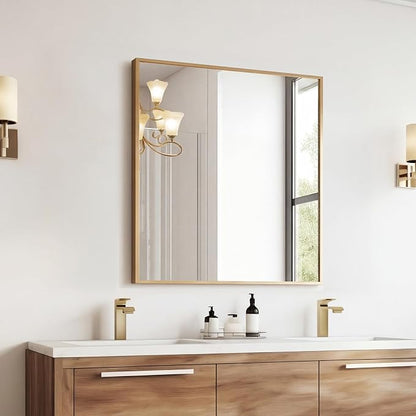 Sweetcrispy Bathroom Mirror, 30" x 36" Rectangle Wall Mount Mirrors | Rectangle Metal Frame Tempered Glass, Over Sink Home Decor, Modern Anti-Rust, Gold