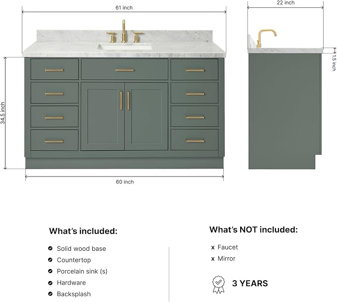 ARIEL Hepburn 60-inch Bathroom Vanity with Sink,Solid Wood, 1.5-inch Italian Carrara Marble Countertop, Single Rectangular Porcelain Sink, 2 Soft Closing Doors, 9 Dovetail Drawers, Vintage Green