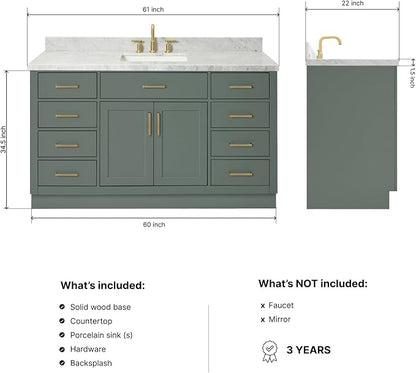 ARIEL Hepburn 60-inch Bathroom Vanity with Sink,Solid Wood, 1.5-inch Italian Carrara Marble Countertop, Single Rectangular Porcelain Sink, 2 Soft Closing Doors, 9 Dovetail Drawers, Vintage Green