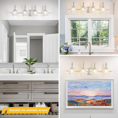 4 Light Brushed Nickel Bathroom Light Fixture, Antique Vanity Light with Flower Glass Shade, Bathroom Vanity Light Over Mirror, Farmhouse Sconces Wall Lighting for Hallway Livingroom Bedroom