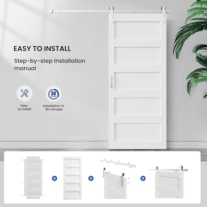 SMARTSTANDARD 30x84 inch White Barn Door with 5FT Silver Hardware Track | Solid MDF Slab, Waterproof PVC Surface, 5-Panel, Suitable for Openings up to 28in x 82in