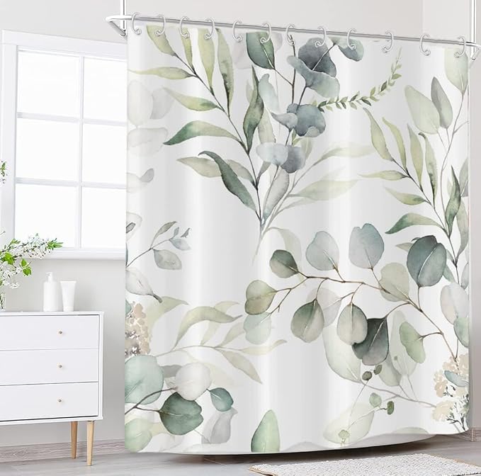 Eucalyptus Leaf Shower Curtains, Sage Green Spring Botanical Watercolor Plants Bathroom Curtains Bathtub Home Decor Waterproof Fabric Machine Washable with 12 PCS Hooks