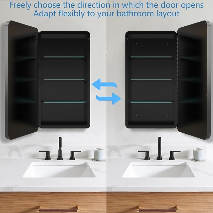 Bathroom Medicine Cabinet with 20x30 Inch Black Framed, Wall Cabinet with Mirror, Modern Surface Mount or Recessed Mounted, Medicine Cabinet with Storage for Bathroom