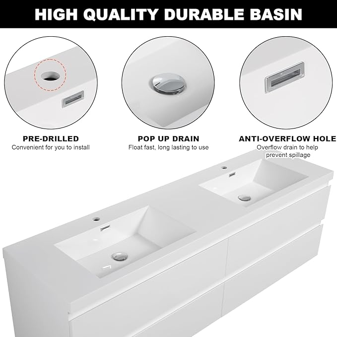 Wall Mounted 72 Inch Bathroom Vanity with Sink, Floating Vanity Bathroom, Double Sink Bathroom Vanity, 4 Drawers, Resin Integrated Sink (Glossy White)