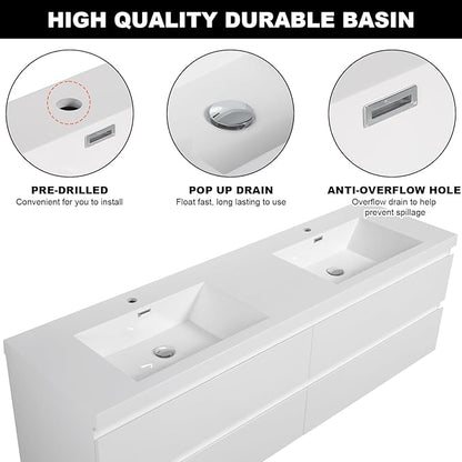 Wall Mounted 72 Inch Bathroom Vanity with Sink, Floating Vanity Bathroom, Double Sink Bathroom Vanity, 4 Drawers, Resin Integrated Sink (Glossy White)