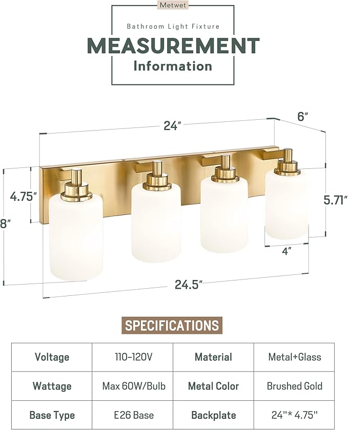 4-Light Bathroom Light Fixtures, 24.5 Inch Brushed Gold Vanity Light with Cylinder Milk White Glass Shade, Modern Vanity Lighting Fixtures Over Mirror, VL143-BG-ML-4